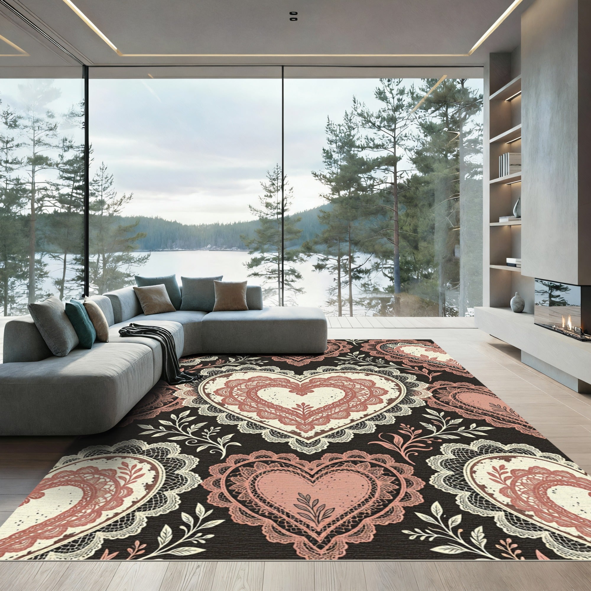 Dusty Rose Heart Lace Medallion Rug
