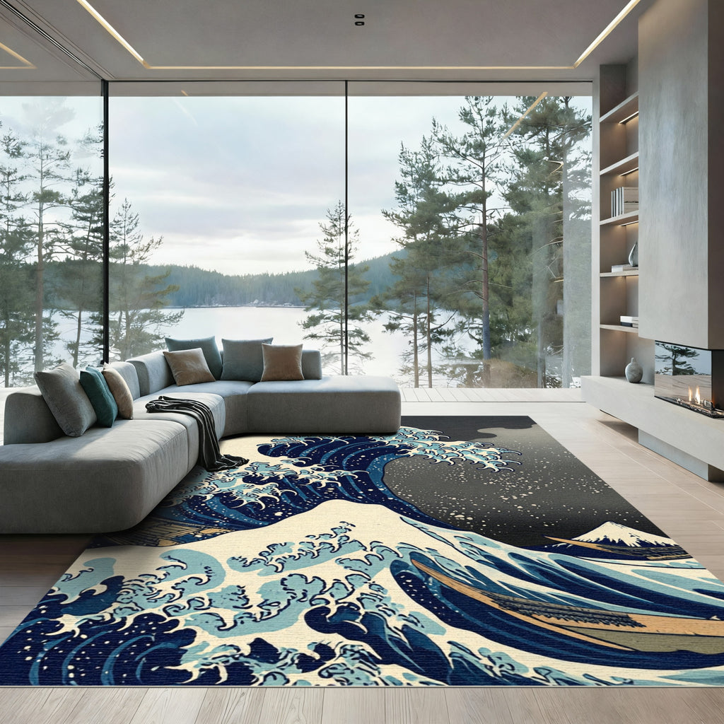 Japanese Great Wave Blue Sea Art Rug