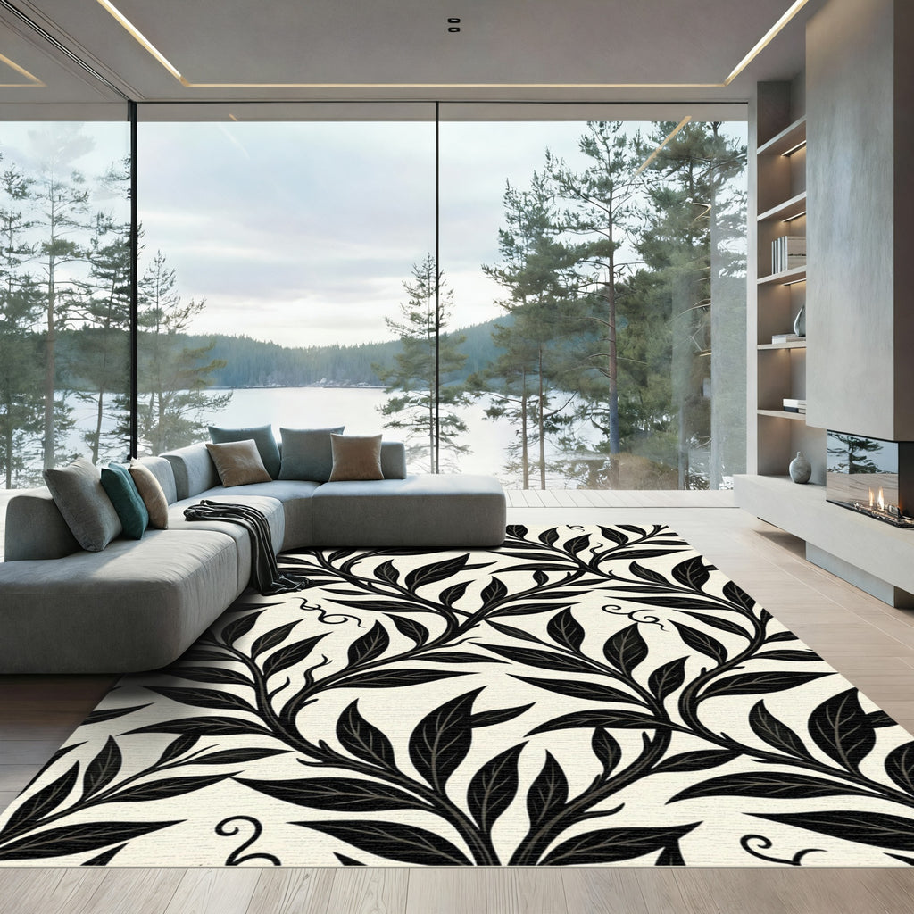Black Leaf Vine Scroll Cream Rug