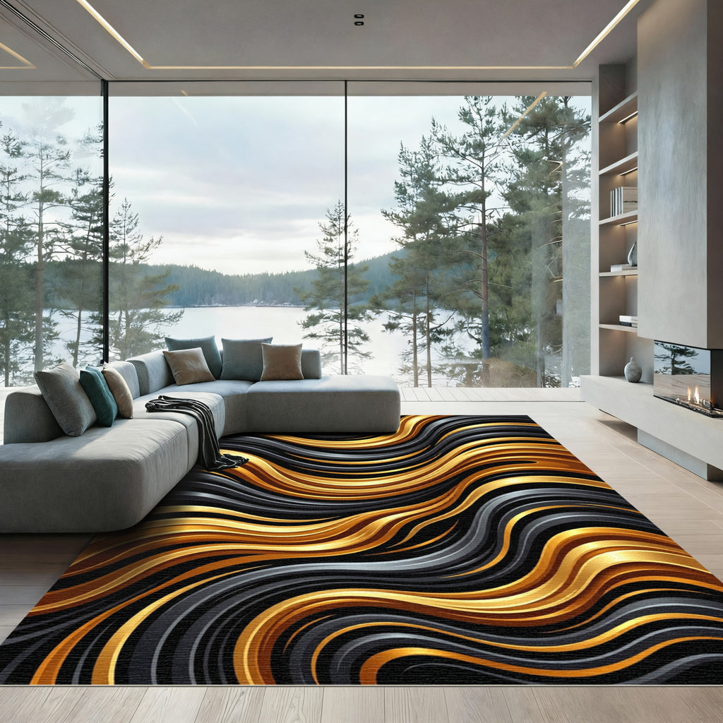 Luxurious Gold and Black Liquid Wave Rug