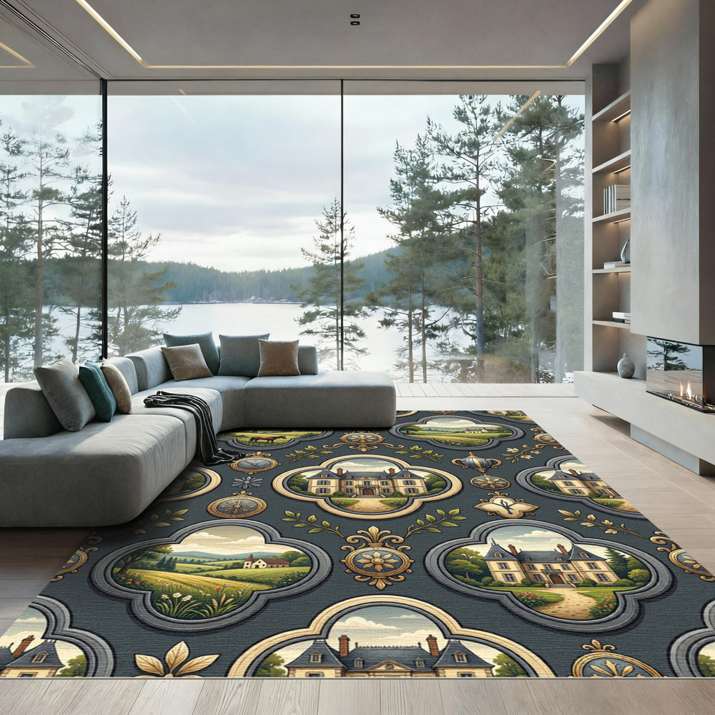 Ornate Manor Estate Landscape Medallion Rug
