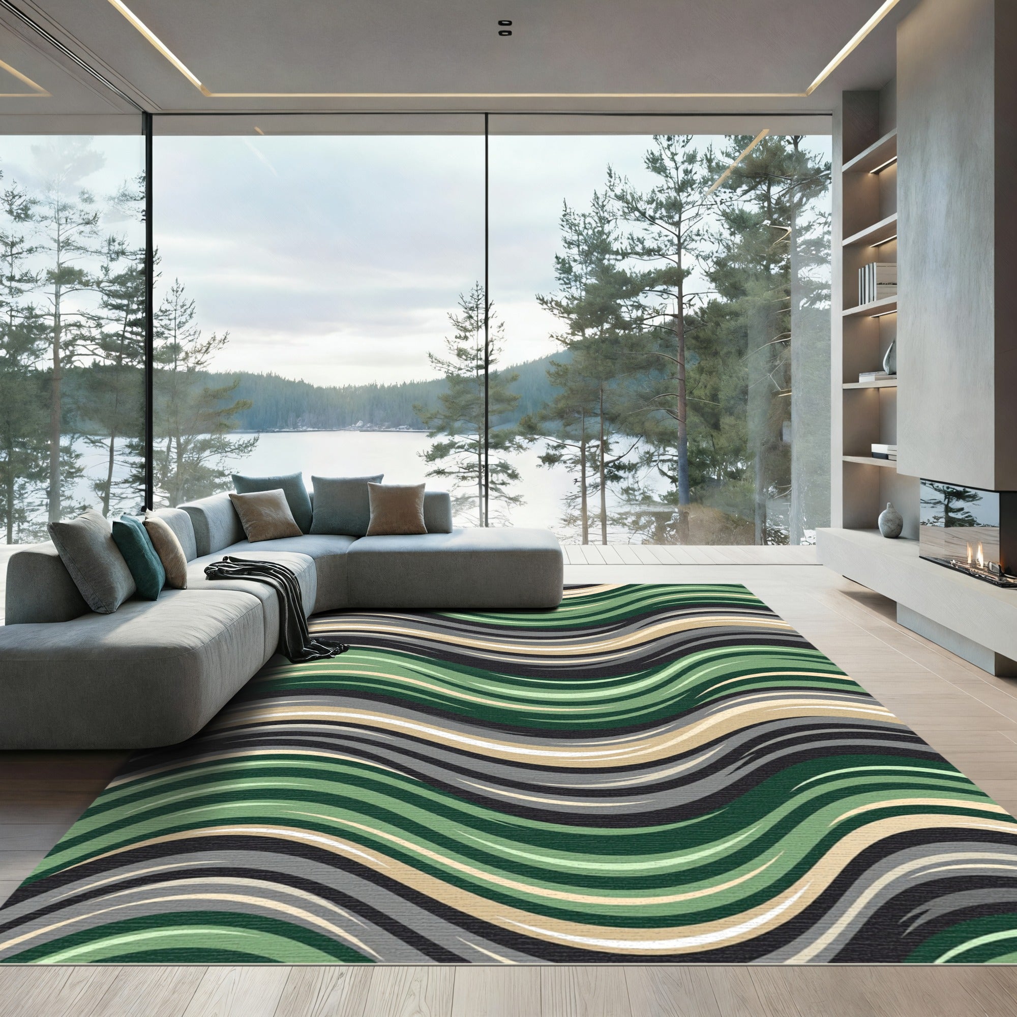 Earthy Wavy Forest Green Stripe Rug