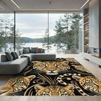 Black Gold Leopard Faces Art Deco Rug