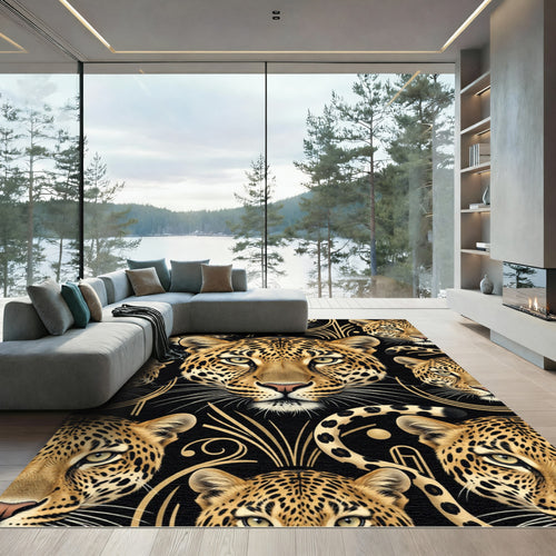 Black Gold Leopard Faces Art Deco Rug