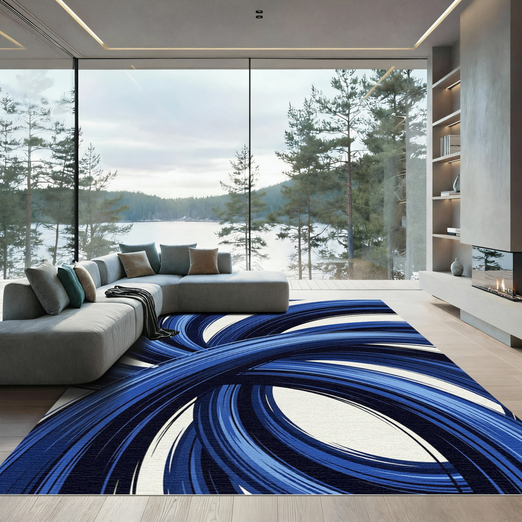 Deep Blue Swirl Brushstroke Rug