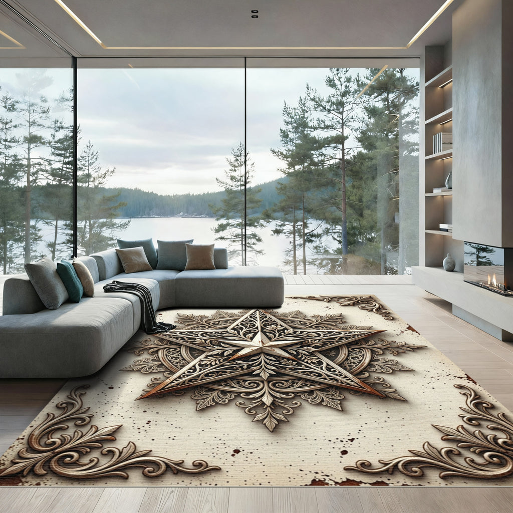 Ornate Distressed Cream Star Filigree Rug