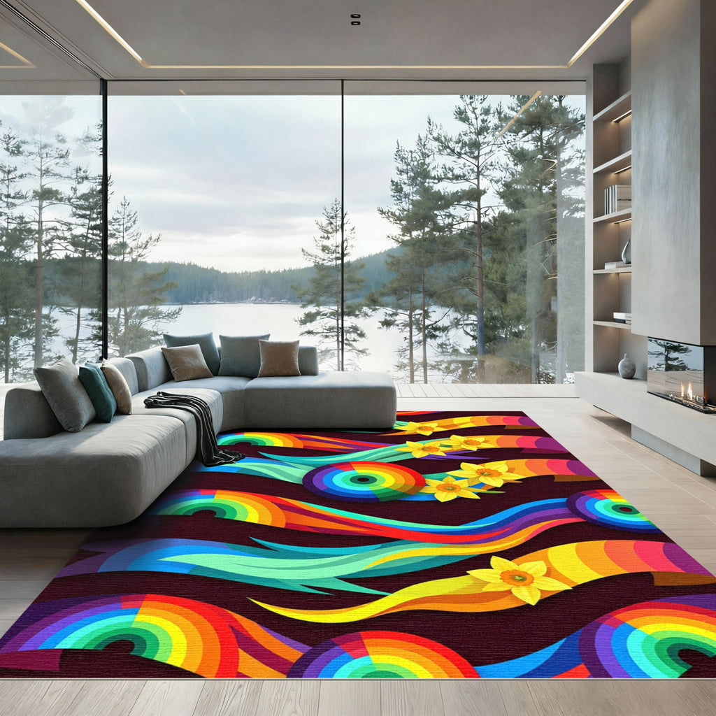 Rainbow Ribbon Daffodil Whimsical Composition Rug