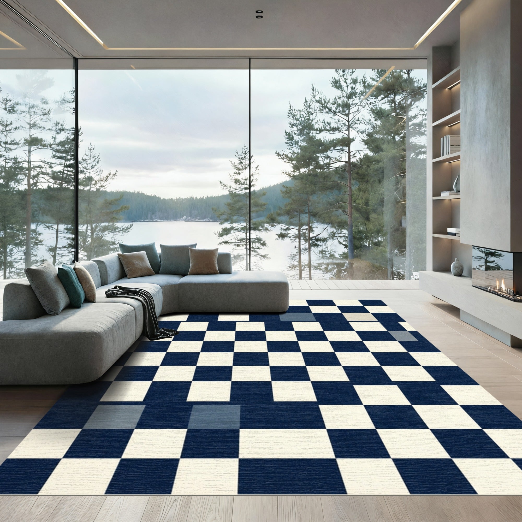 Modern Navy Blue Geometric Checkered Rug