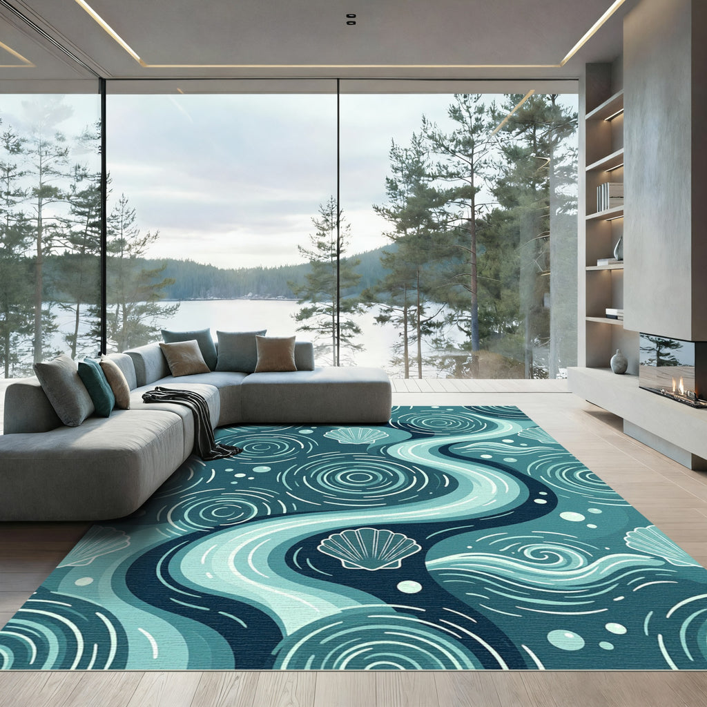 Serene Teal Ocean Shell Wave Art Rug