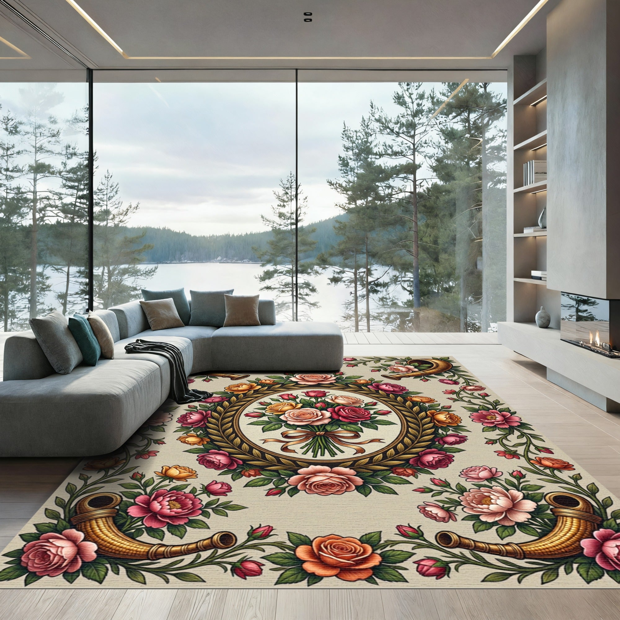 Gilded Horn Floral Bouquet Arrangement Rug