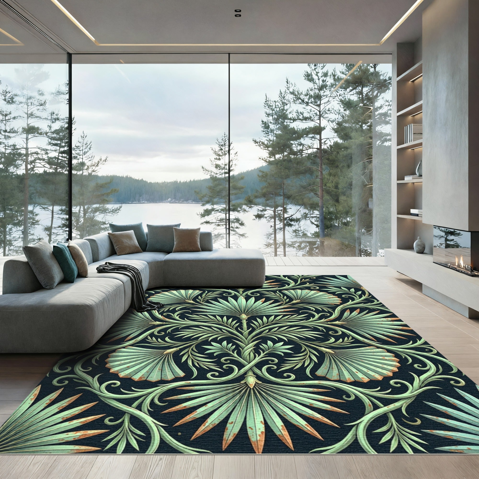 Sage Green Botanical Palm Frond Echo Rug