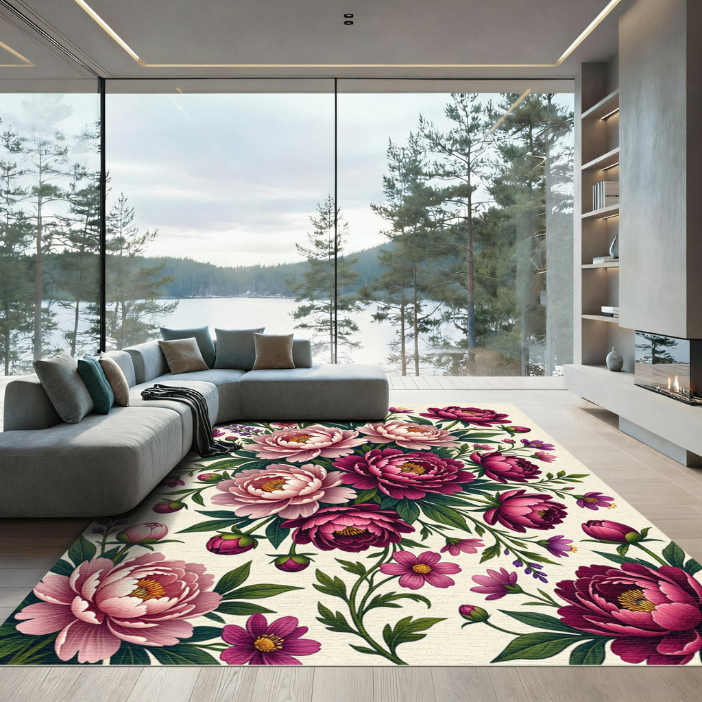 Elegant Pink Floral Peony Bouquet Rug