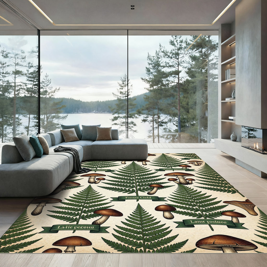 Vintage Botanical Forest Fern Mushroom Illustration Rug