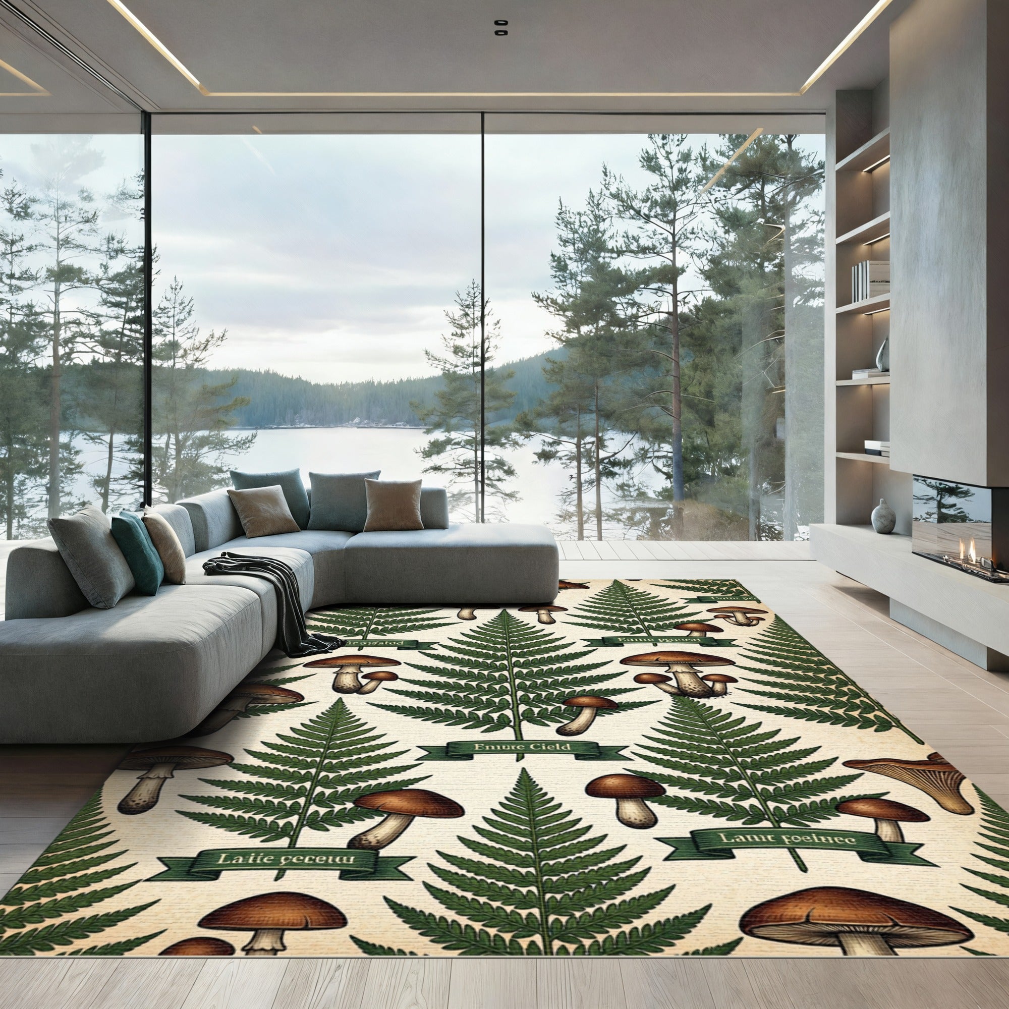 Vintage Botanical Forest Fern Mushroom Illustration Rug