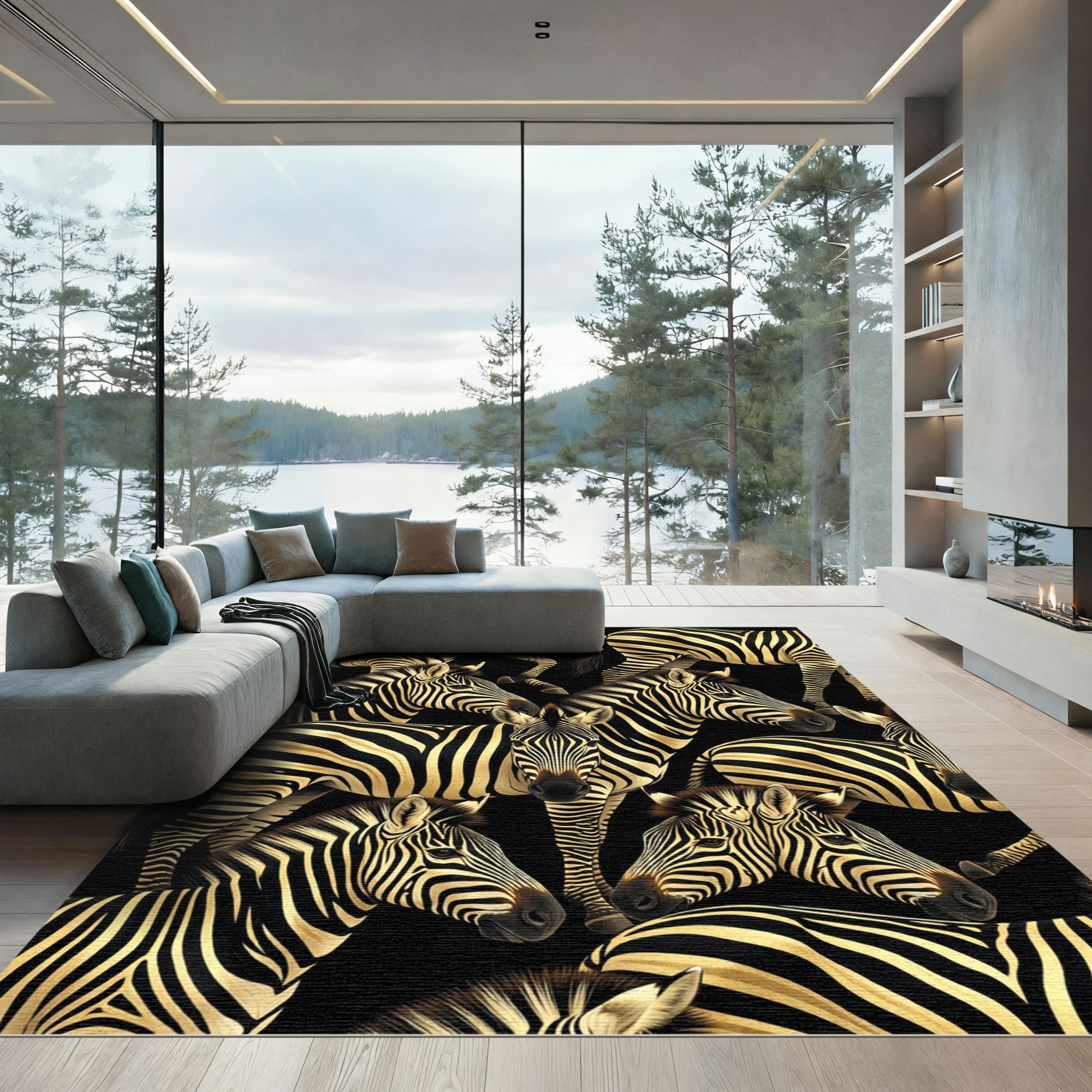 Bold Black Gold Zebra Herd Illustration Rug