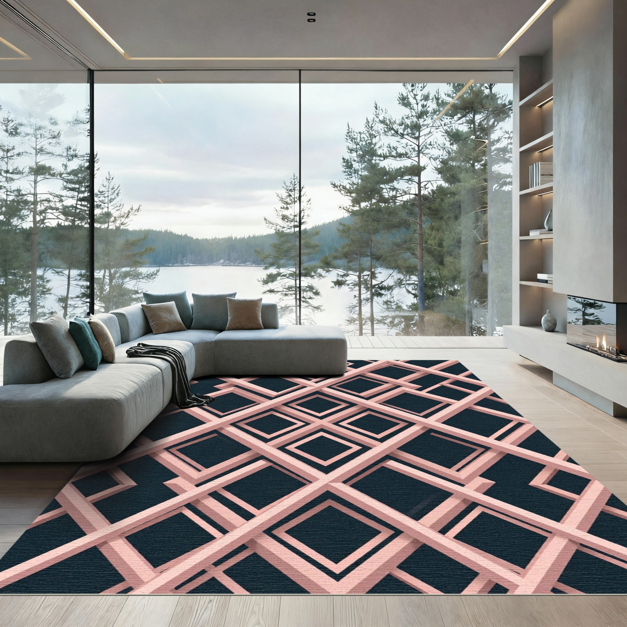 Blush Pink Geometric Interlocking Grid Rug