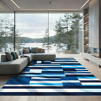 Navy Blue Striped Geometric Composition Rug