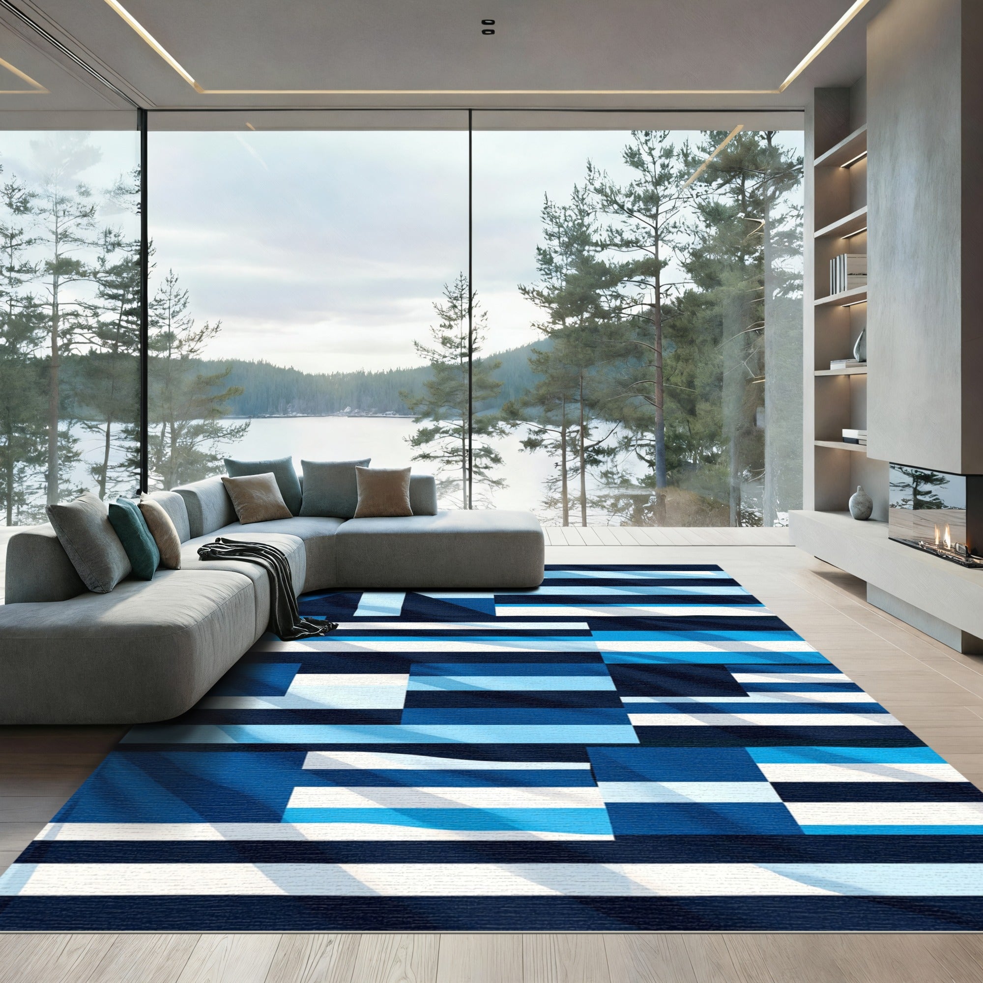 Navy Blue Striped Geometric Composition Rug