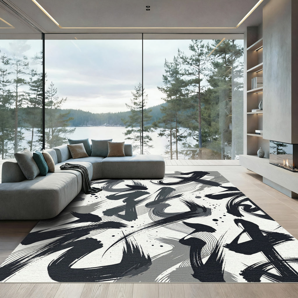 Monochromatic Calligraphy Brush Strokes Rug