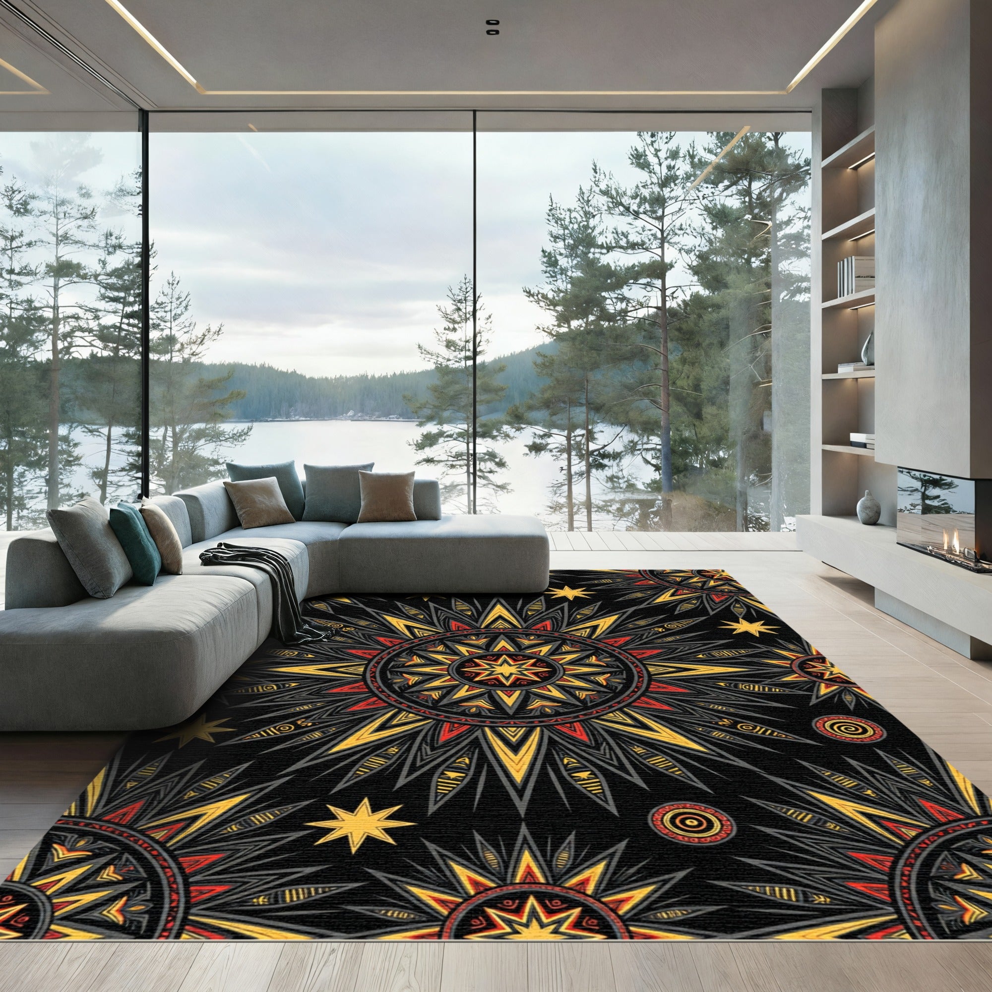 Radiant Black Yellow Red Sunburst Rug