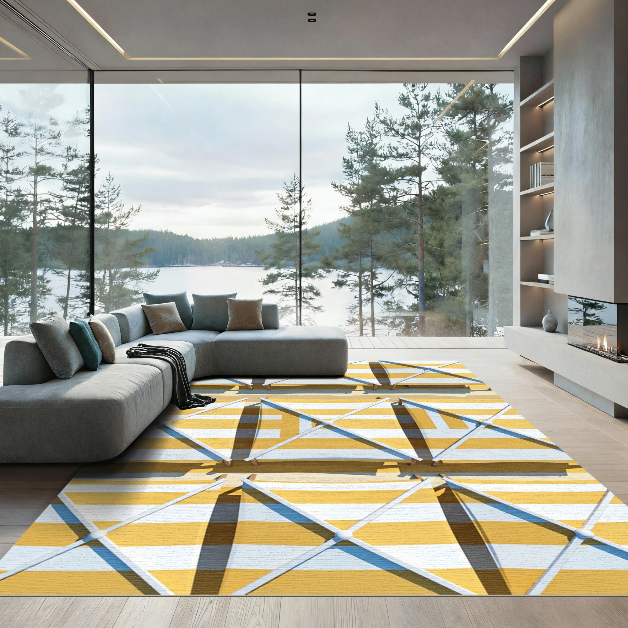 Golden Yellow Striped Geometric Canopy Rug