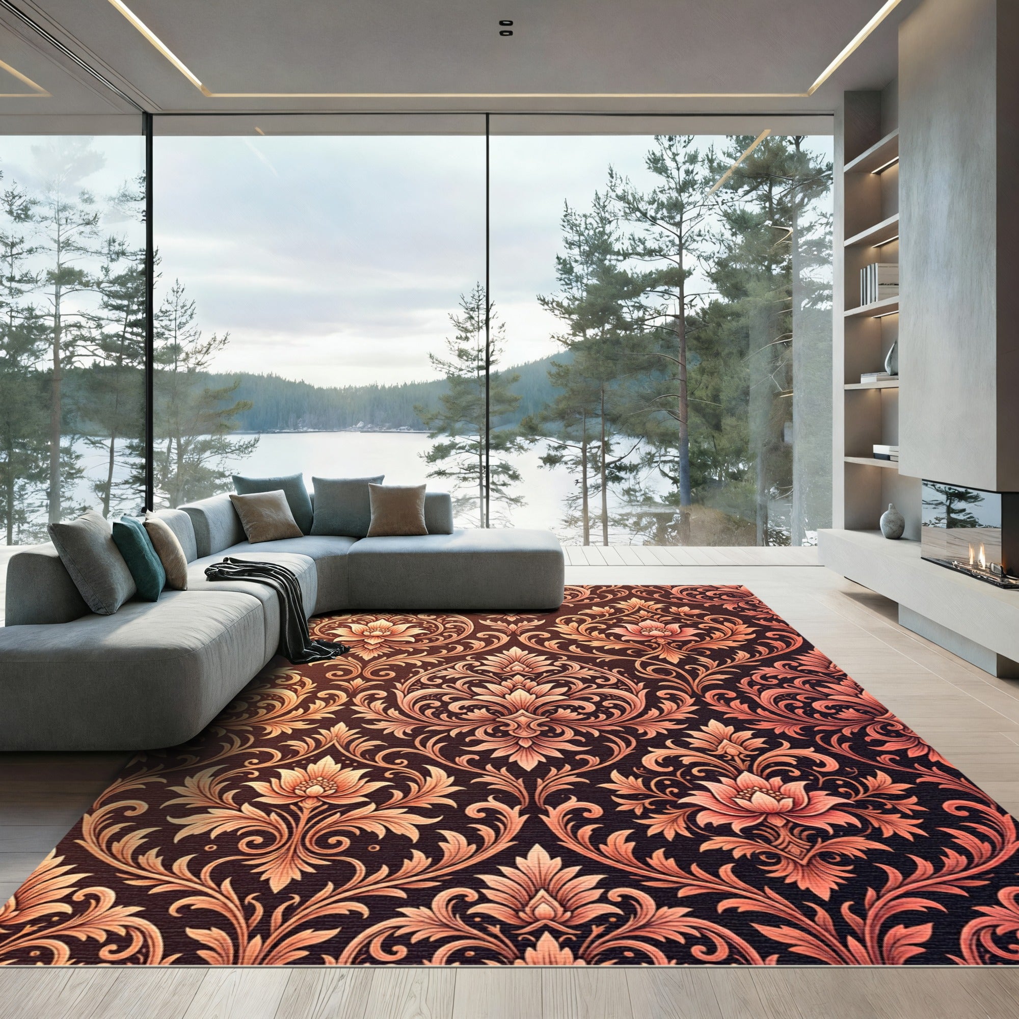 Ornate Amber Floral Damask Rug