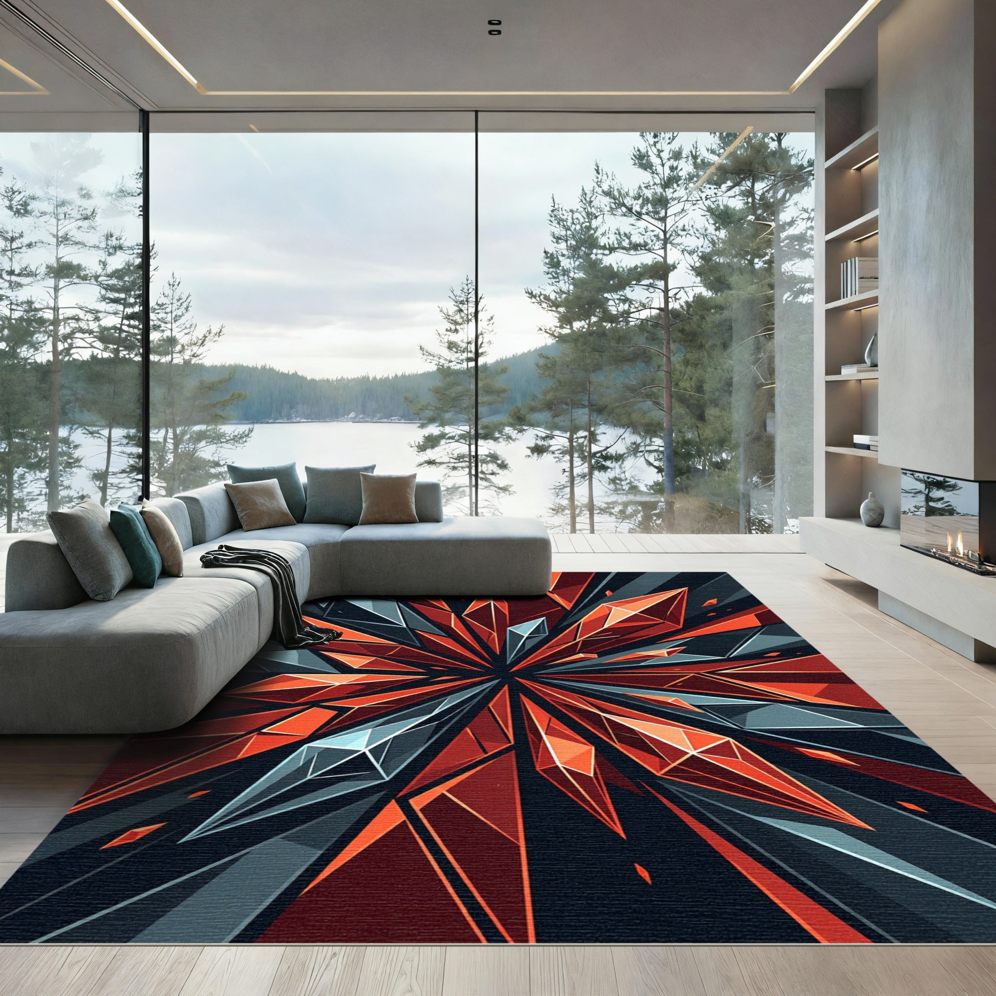 Shattered Crimson Angular Geometric Crystal Rug