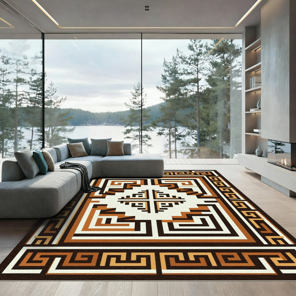 Rustic Geometric Maze Border Rug