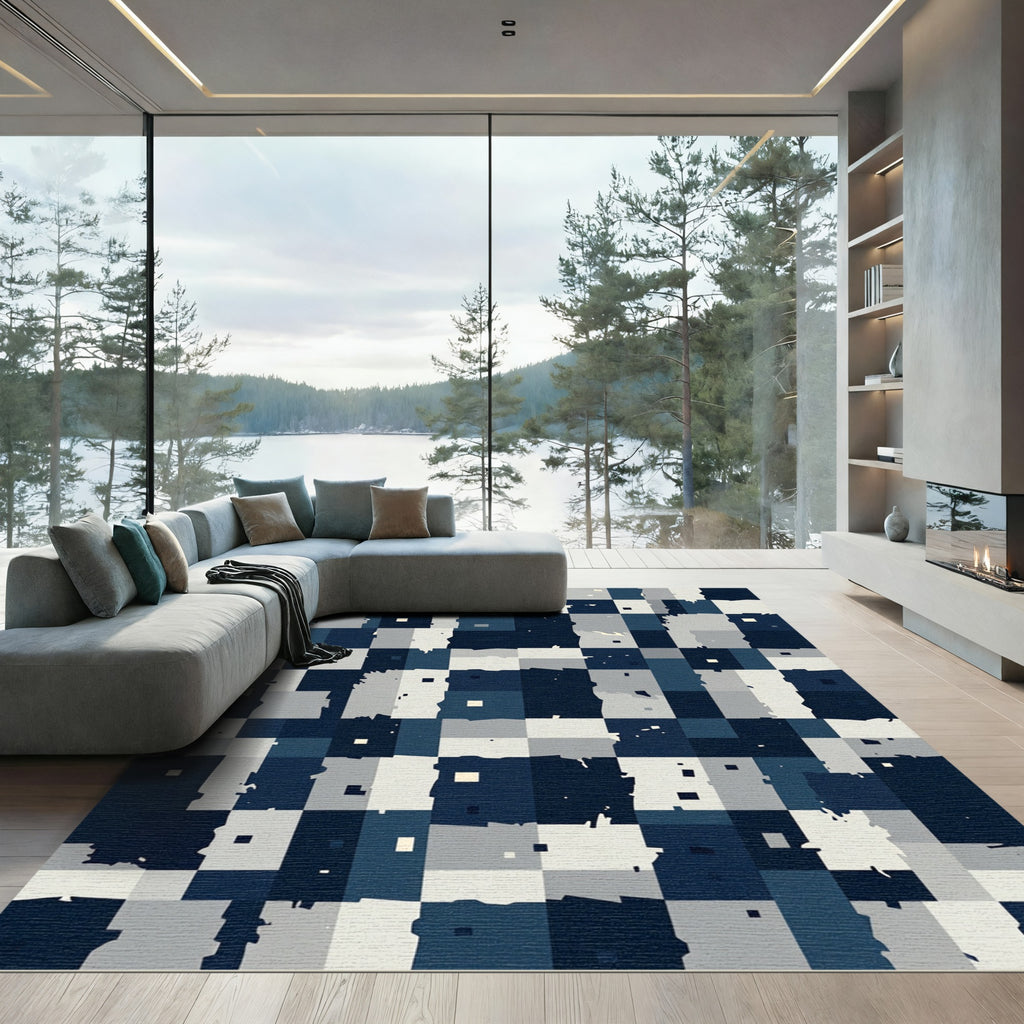 Abstract Navy Blue Checkerboard Blocks Rug