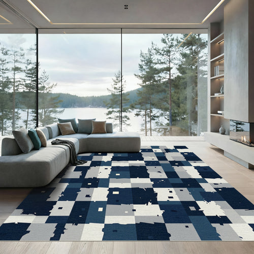 Abstract Navy Blue Checkerboard Blocks Rug
