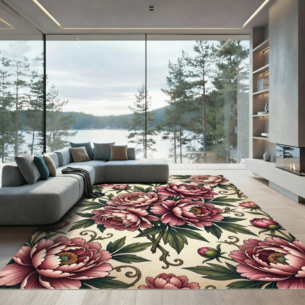Elegant Dusty Rose Peony Floral Bouquet Rug