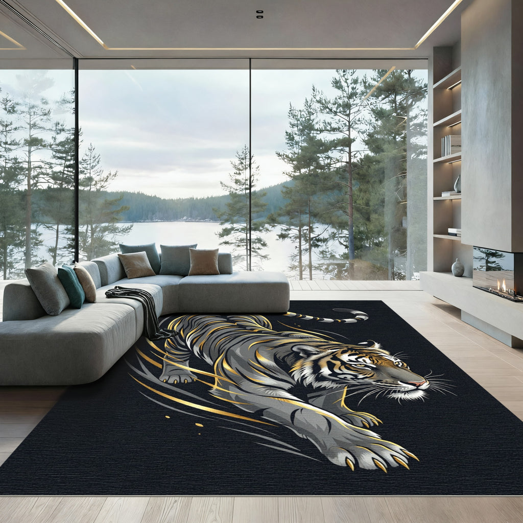 Golden Slashing Tiger Charcoal Abstract Art Rug