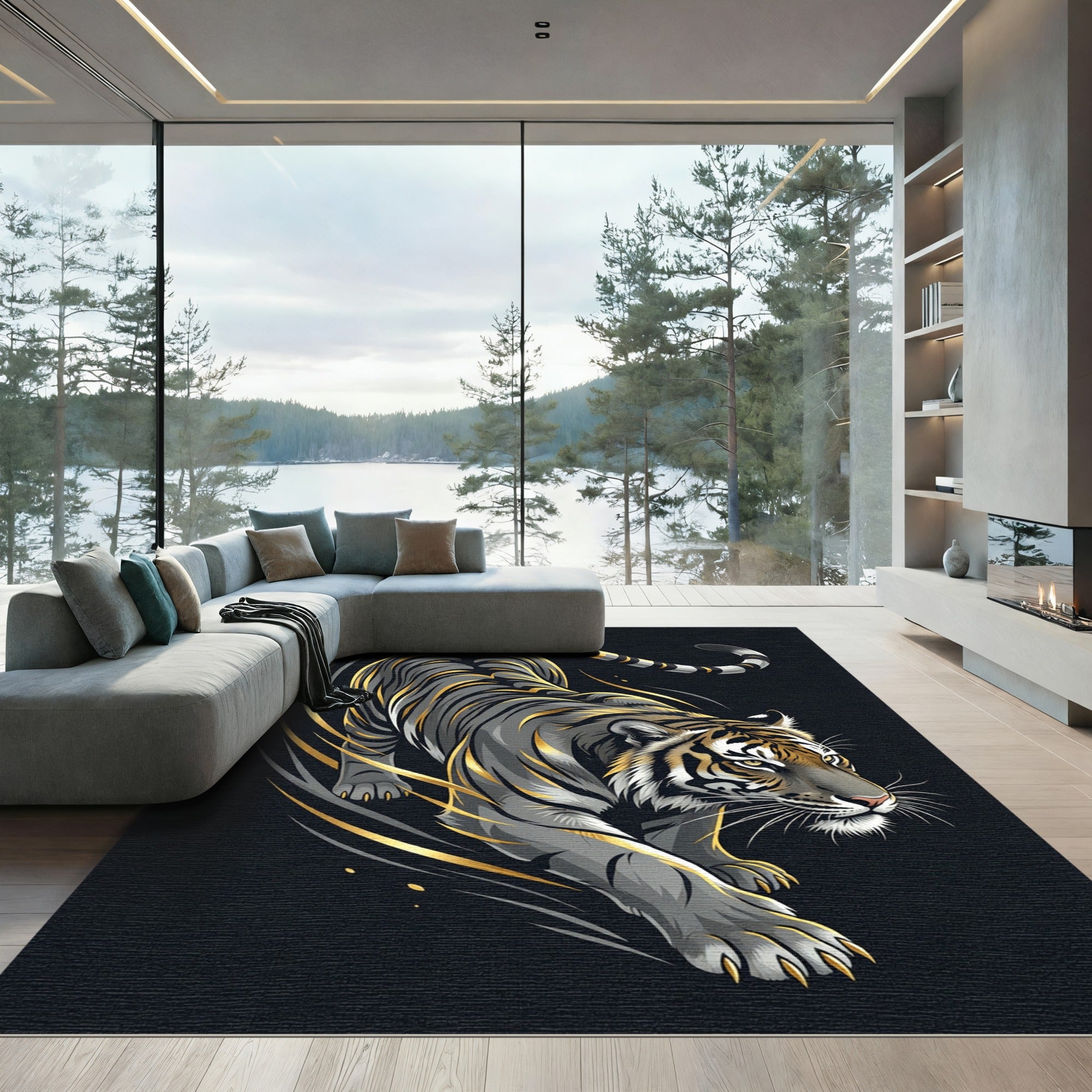 Golden Slashing Tiger Charcoal Abstract Art Rug