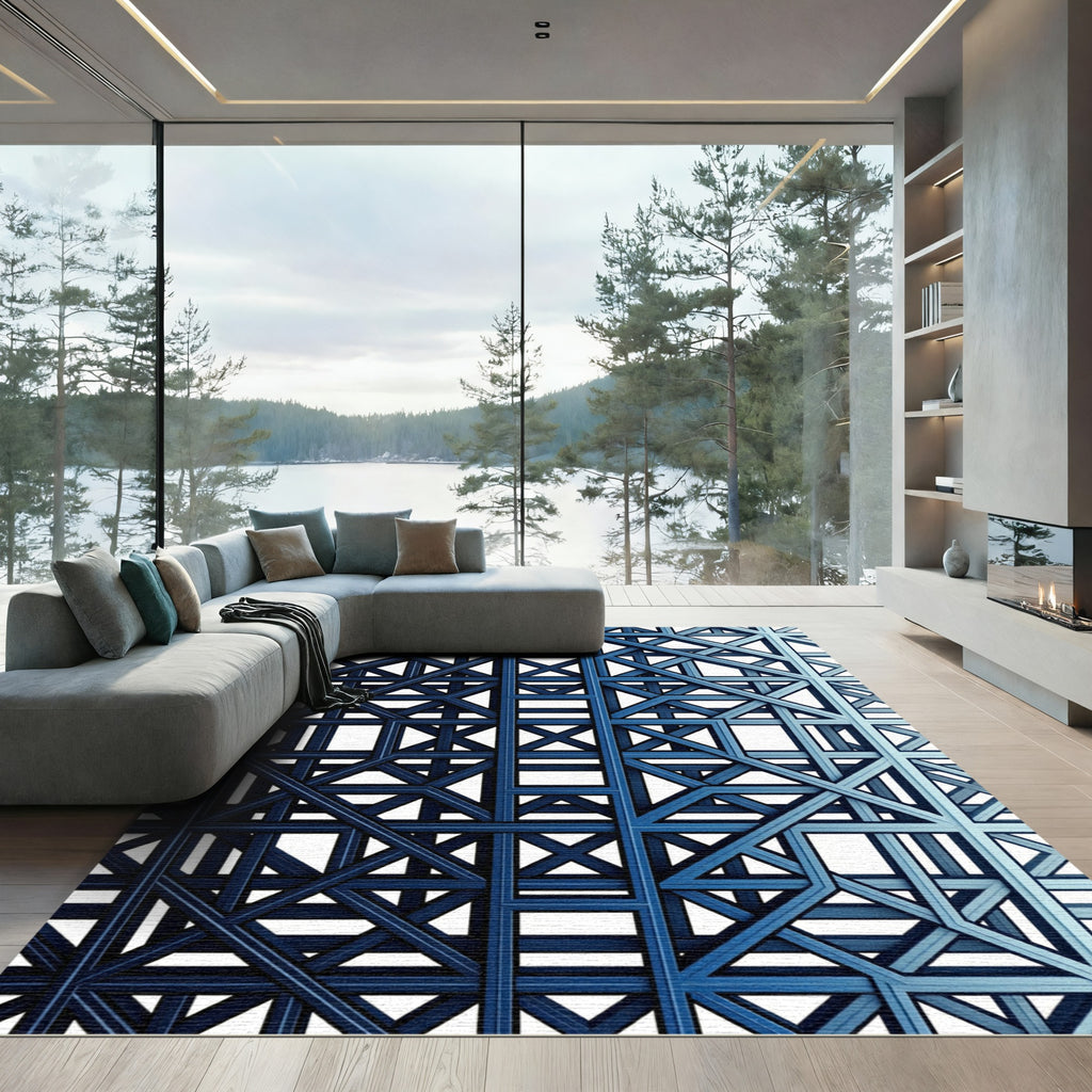 Modern Navy Blue Interlocking Geometric Lattice Rug