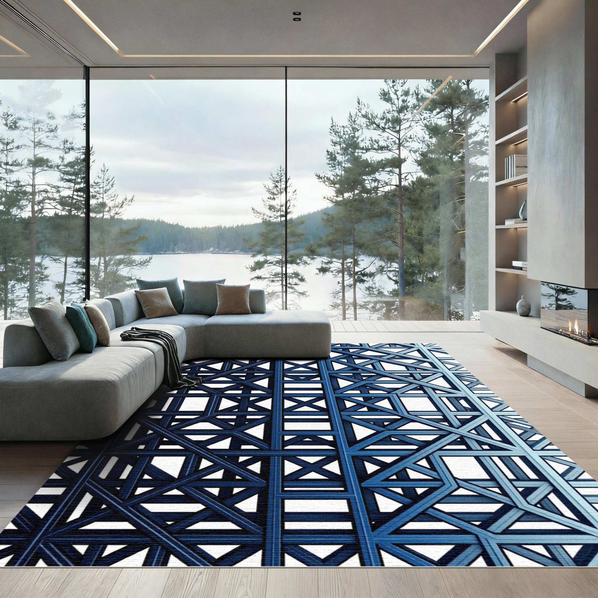 Modern Navy Blue Interlocking Geometric Lattice Rug