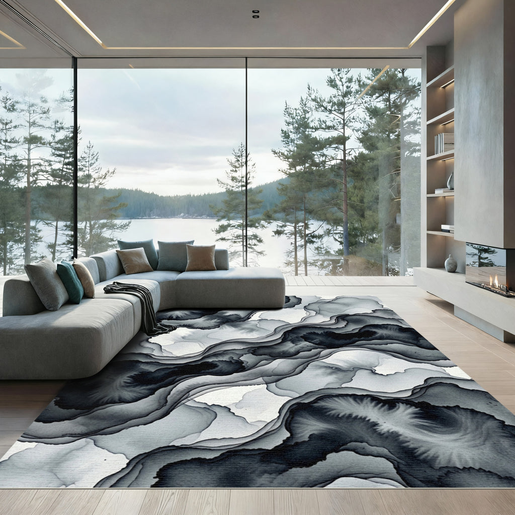 Monochrome Abstract Ink Flow Swirl Rug
