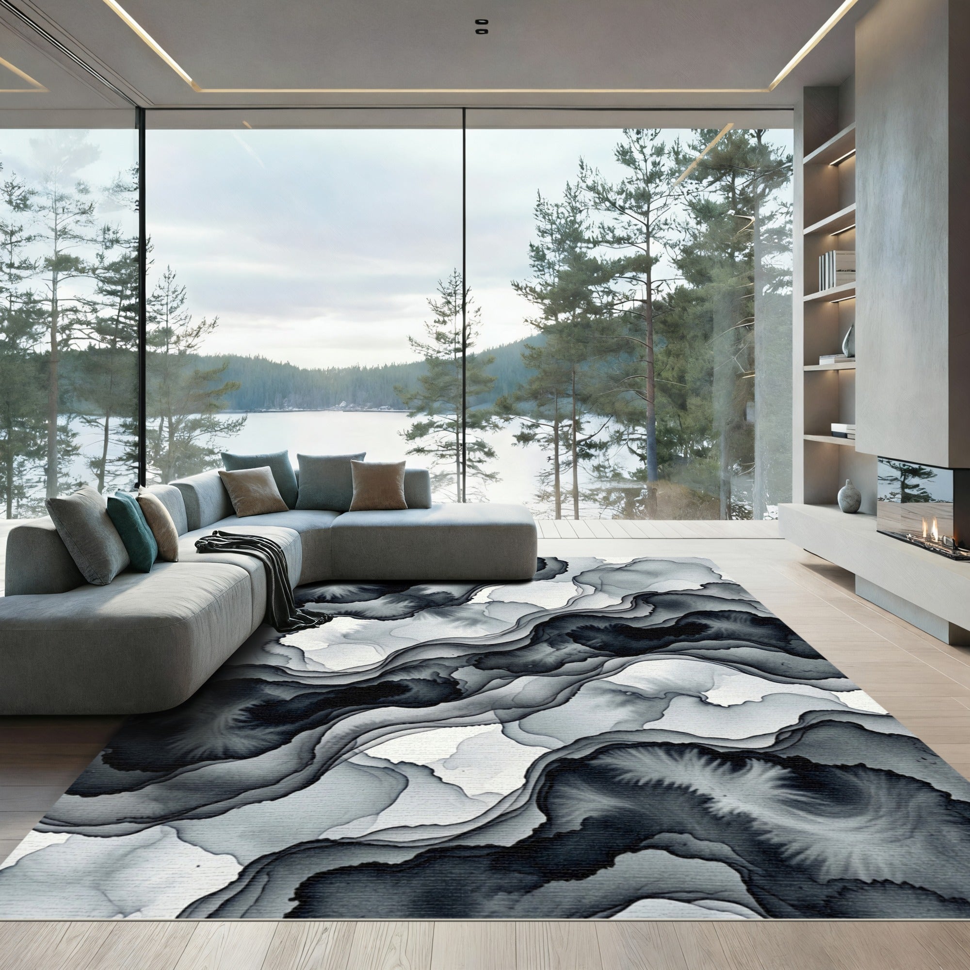 Monochrome Abstract Ink Flow Swirl Rug