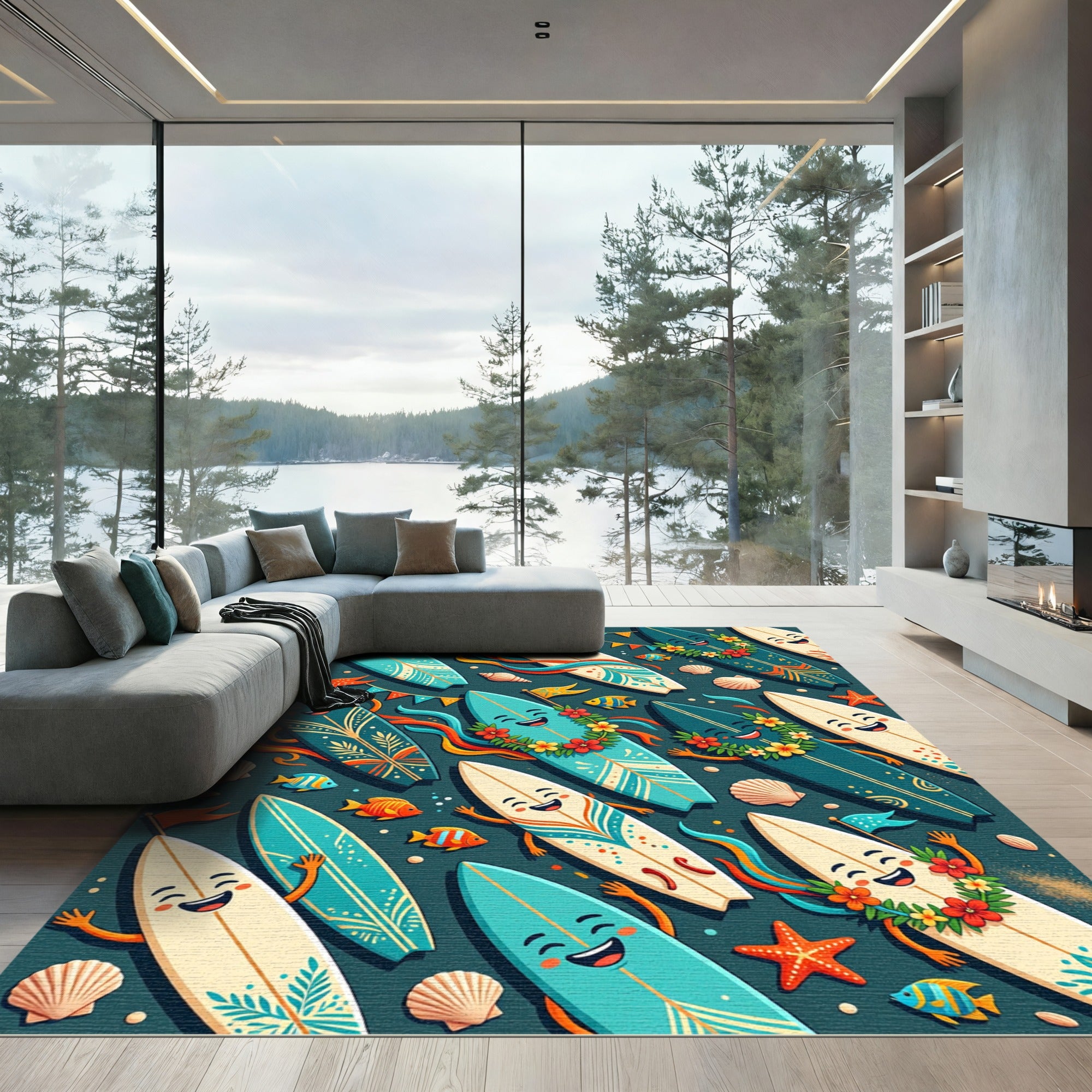 Cheerful Teal Surfboard Tropical Summer Celebration Rug