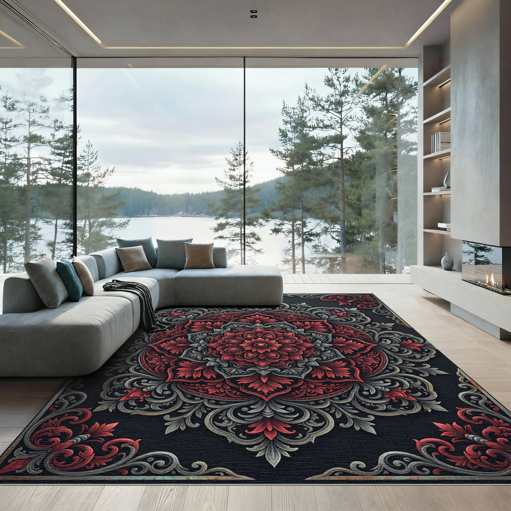 Ornate Crimson and Slate Floral Medallion Rug