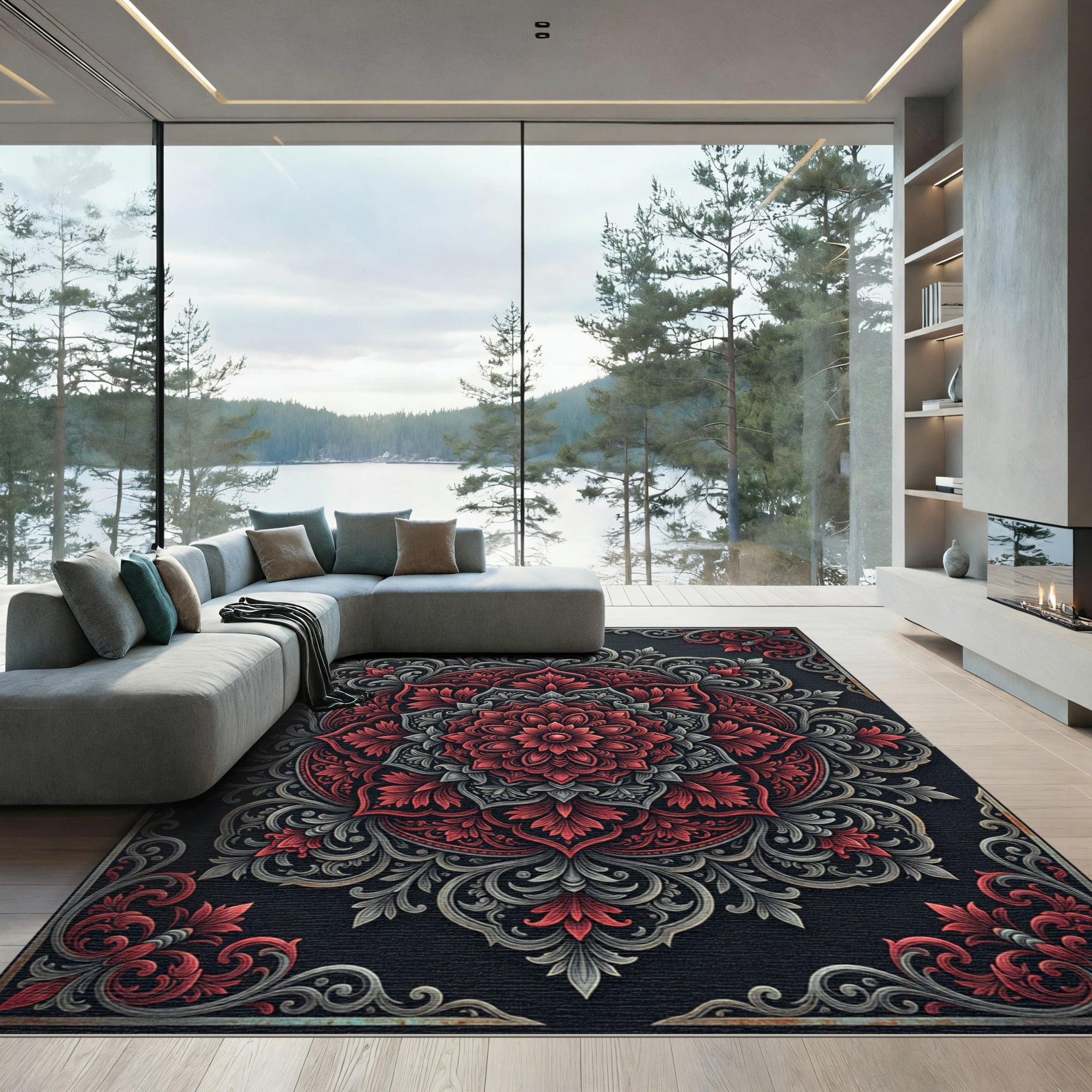 Ornate Crimson and Slate Floral Medallion Rug