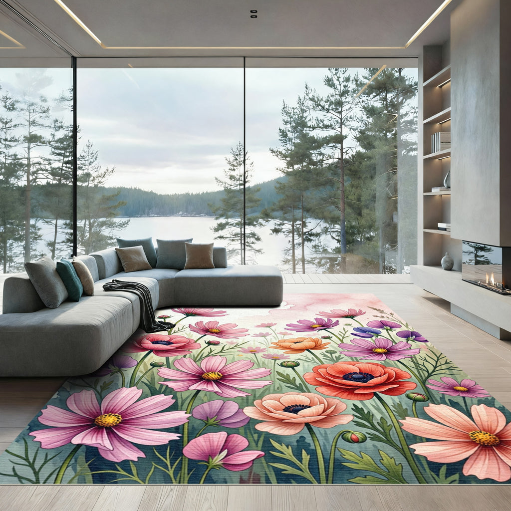 Watercolor Pink Cosmos Floral Meadow Rug