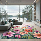 Watercolor Pink Cosmos Floral Meadow Rug