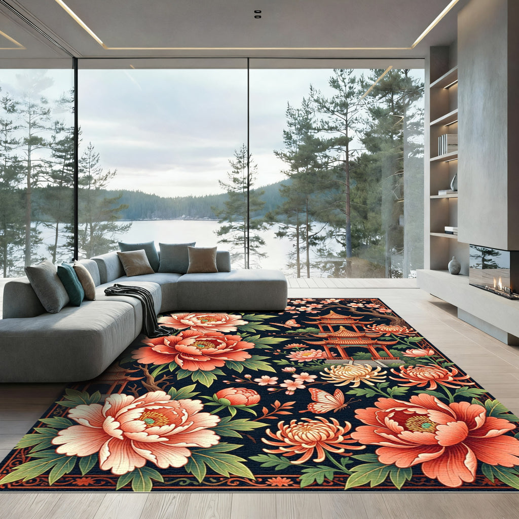 Elegant Chinoiserie Peony Pavilion Floral Art Rug