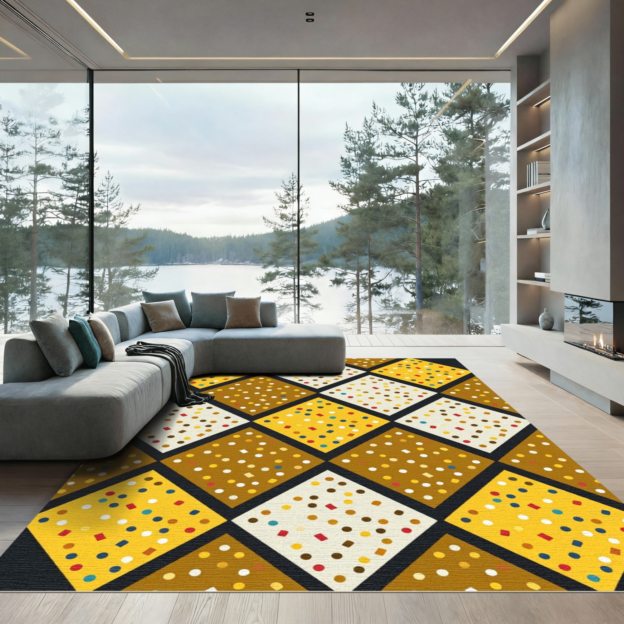 Yellow Gold Brown Confetti Diamond Pattern Rug