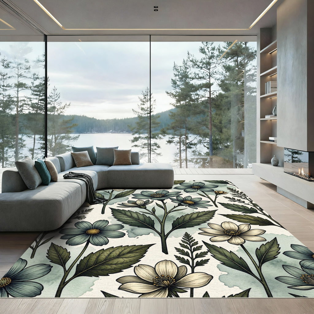 Botanical Sage and Cream Floral Illustration Rug