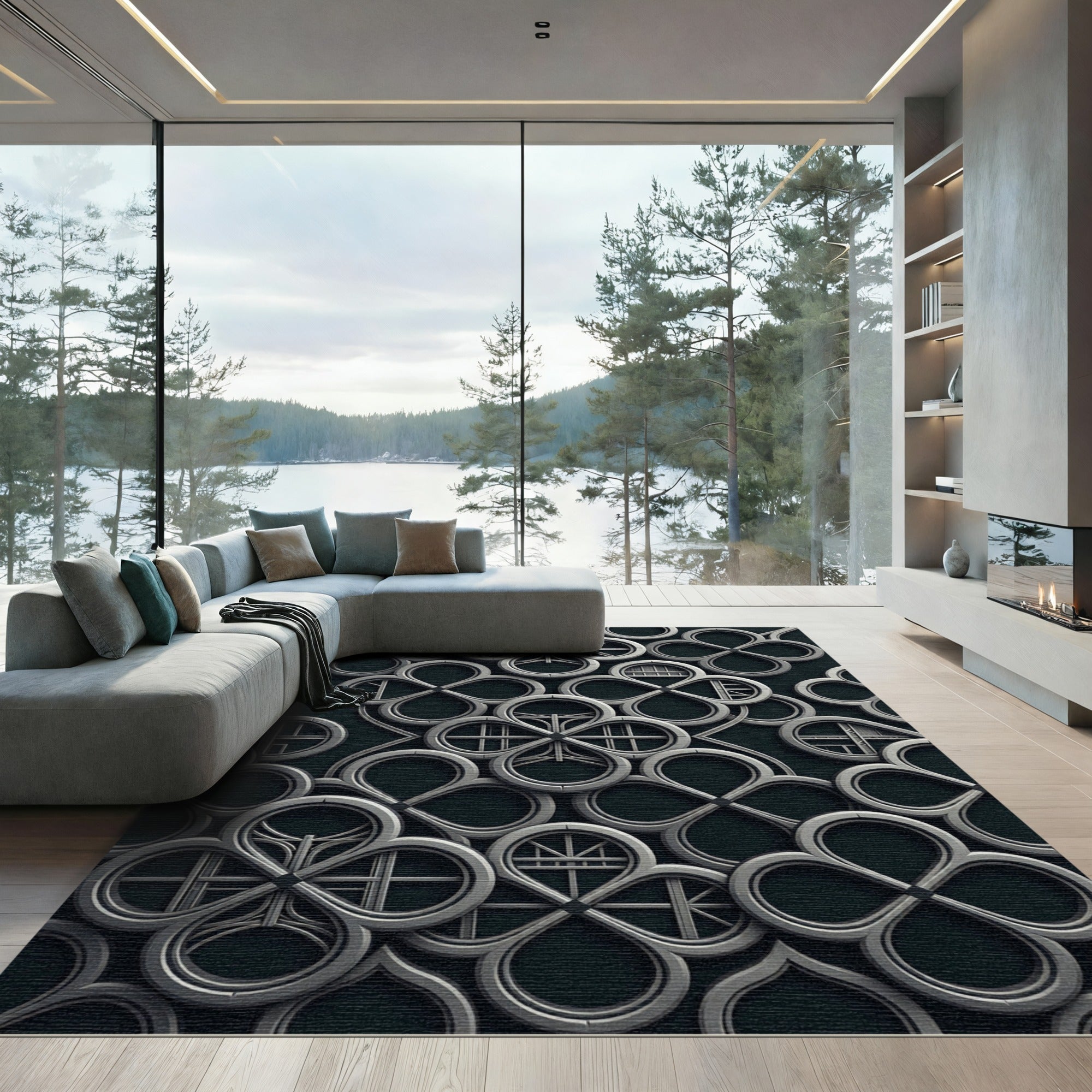 Sophisticated Charcoal Gothic Quatrefoil Geometric Rug