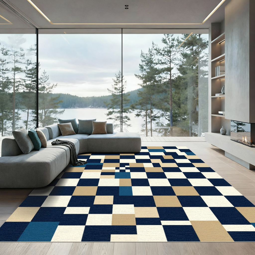 Modern Navy Beige Geometric Block Grid Rug