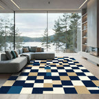 Modern Navy Beige Geometric Block Grid Rug