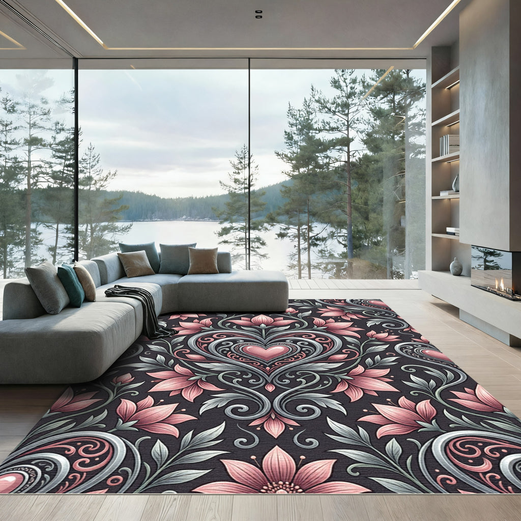 Pink Heart Floral Scrollwork Damask Rug