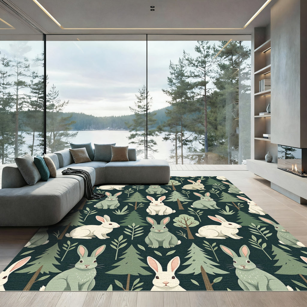 Earthy Forest Bunny Woodland Illustration Rug